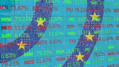 Animation-of-stock-market-over-american-flag-stars-and-coloured-on-circles