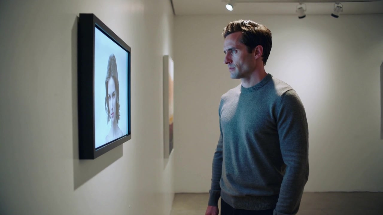 Spotlight drawing man in sweater closer, studying digital portrait showing woman's face in gallery