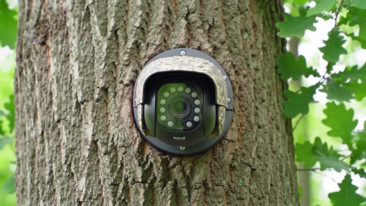 This footage showcases a specialized camera mounted on a tree, capturing wildlife activity in a forest setting. Experience nature from a unique perspective with this cutting-edge device.