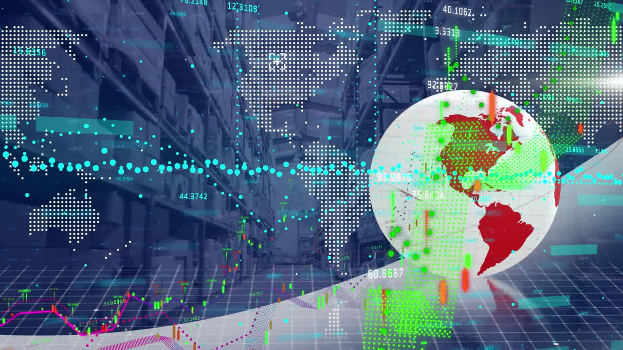 animación del globo y la interfaz digital con procesamiento de datos sobre el almacén
