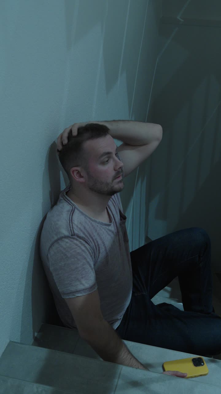 Vertical shot of a sad man sitting alone on a staircase while holding a smartphone, capturing loneliness, emotional distress, and quiet reflection in a realistic home setting