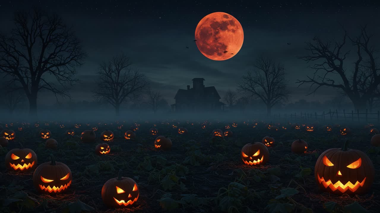 A Spooky Halloween Night with Glowing Jack-o'-Lanterns Under a Full Moon, Creating an Eerie Atmosphere in a Foggy Pumpkin Patch Surrounded by Gnarled Trees
