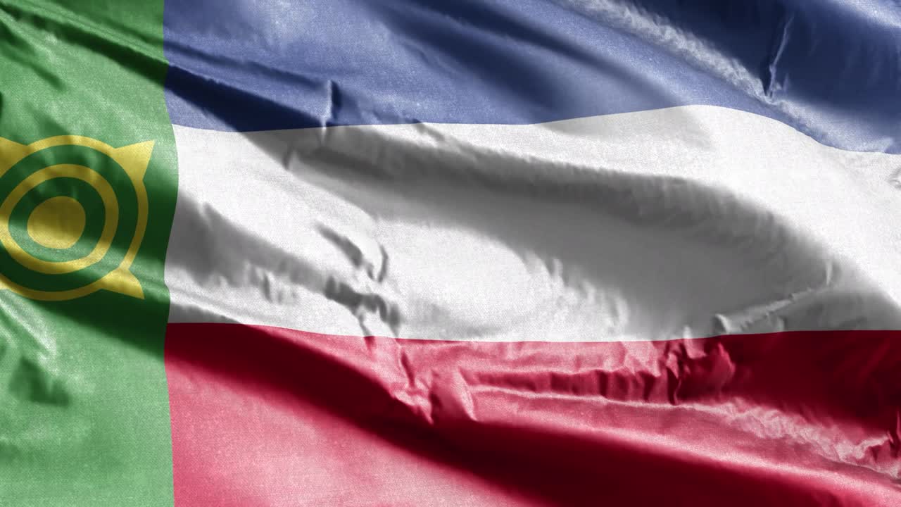 la bandera textil khakassia se agita lentamente en el bucle del viento. la bandera khakassky se balancea suavemente en la brisa. el tejido textil de la tela. el fondo de relleno completo. 20 segundos de bucle.