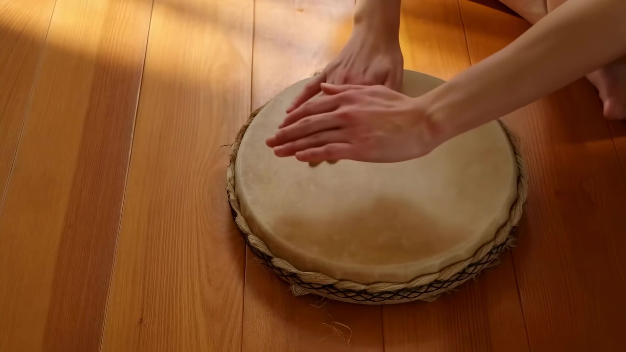 A serene and rhythmic scene of hands playing a drum on a wooden floor, captured from a top-down perspective. The warm brown and beige tones create a natural and calming atmosphere, perfect.