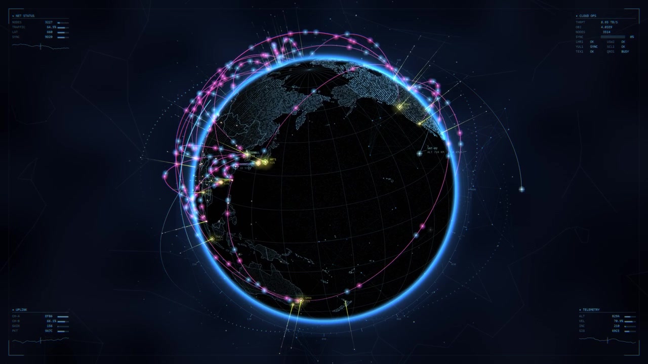 Rotating digital planet Earth, visualization of global connectivity, big data and satellite telemetry, loopable data-driven holographic interface animation for advanced technology projects
