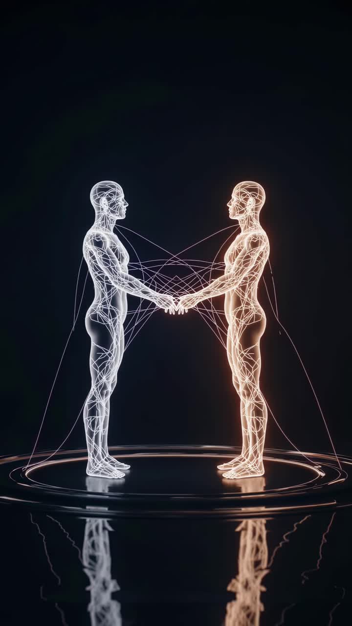 Concetto video futuristico di due figure wireframe che si connettono con fili di luce