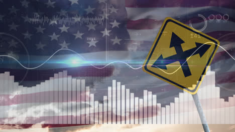 animation of financial data processing over road sign and flag of usa