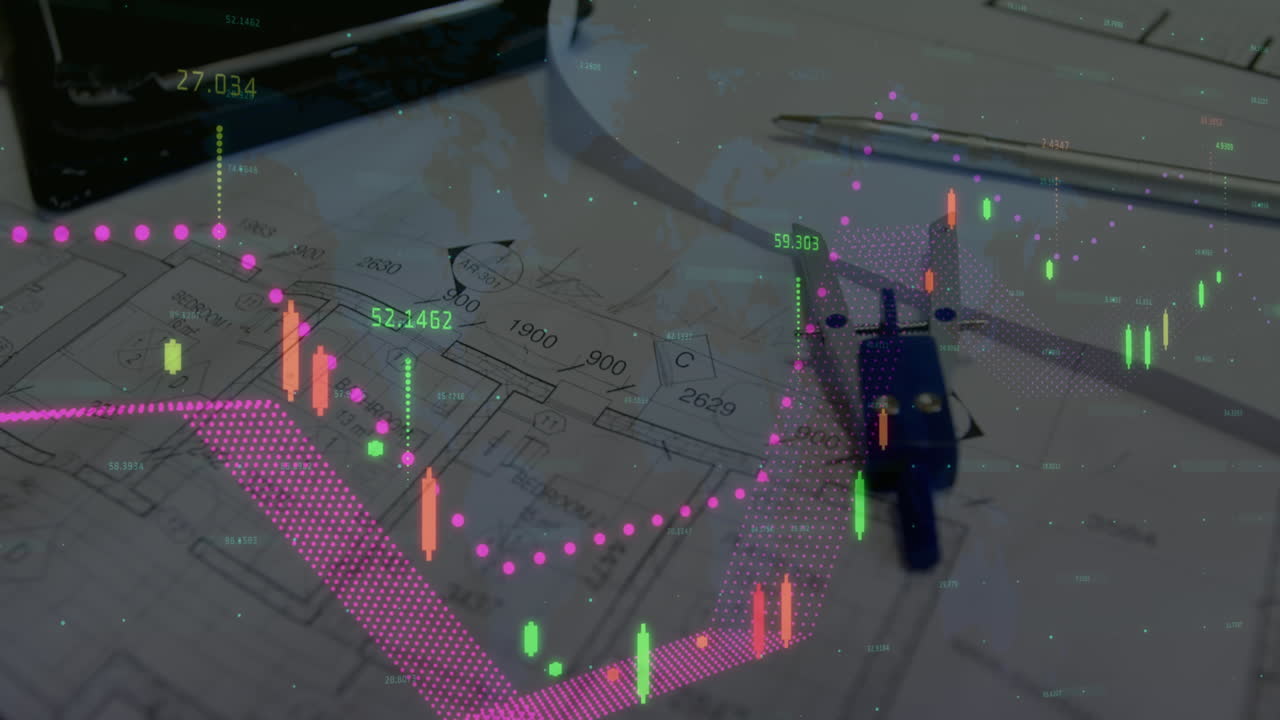animación de estadísticas y procesamiento de datos financieros sobre planes de arquitectos y brújula