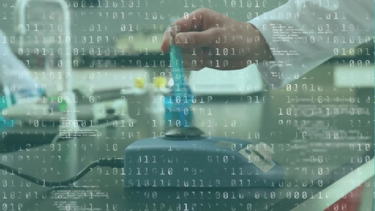 Animation of binary code over hands of caucasian senior male lab worker with samples