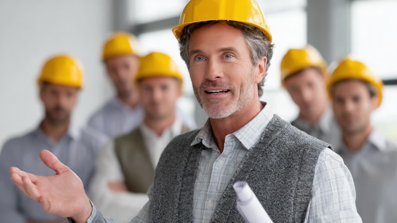 A confident leader addresses his team, showcasing leadership in a construction environment while discussing plans and engaging workers with expertise and enthusiasm