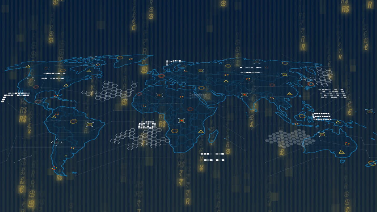 Animation of world map with digital data and currency symbols overlaying continents