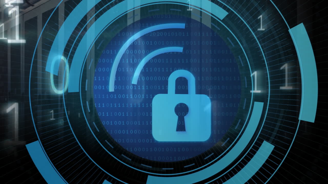 animación de candado digital y wi fi en círculos sobre los servidores.