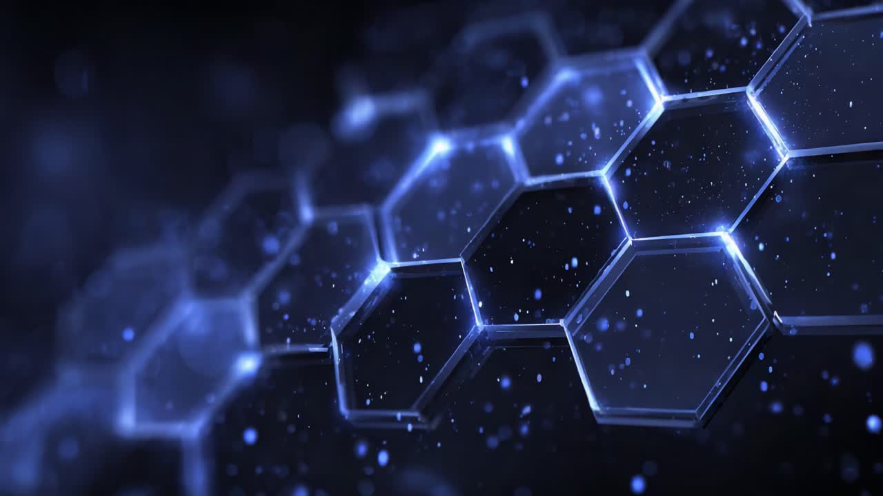 Stilisiertes, abstraktes hexagonales Muster mit leuchtenden Kanten und schwebenden Partikeln, perfekt für Technologie- und Innovationsbilder in digitalen Designs