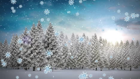 animation of snow falling over winter landscape at christmas