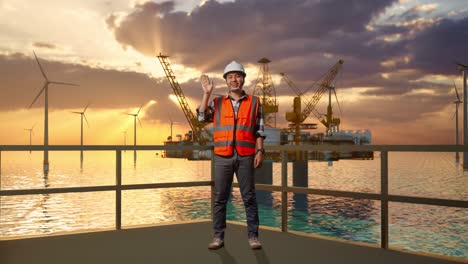 full body of asian male engineer with safety helmet smiling to camera and waving hand saying bye while standing with offshore hydrogen production