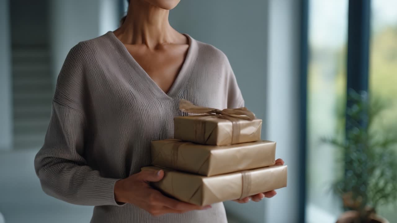 Una donna abbraccia la gioia di donare mentre tiene una pila di regali splendidamente incartati in un ambiente interno moderno e ben illuminato.