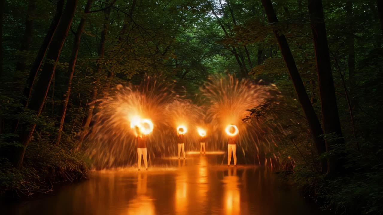 Illuminating Moments: Captivating Fire Performers Enveloping the Forest in Whirling Sparks Reflected in the Tranquil Waters