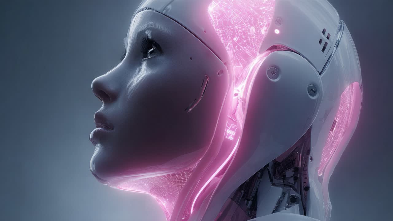 Side profile of a futuristic female cyborg activating, with its head opening to reveal a complex internal structure and a glowing pink neural network, symbolizing artificial intelligence