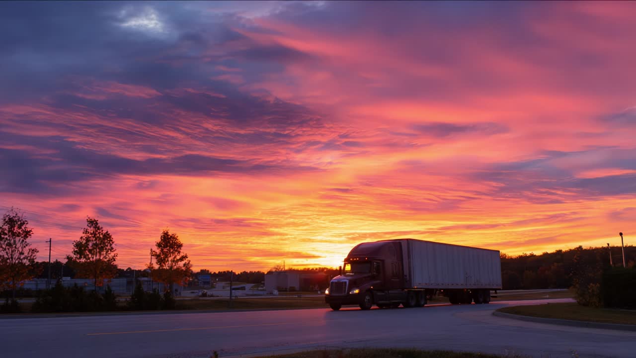 A Majestic Sunset Over a Quiet Highway as a Truck Passes by, Creating a Stunning Contrast Against the Vibrant Skies Filled with Beautiful Shades of Orange, Purple, and Blue, Capturing the Perfect Evening Scene