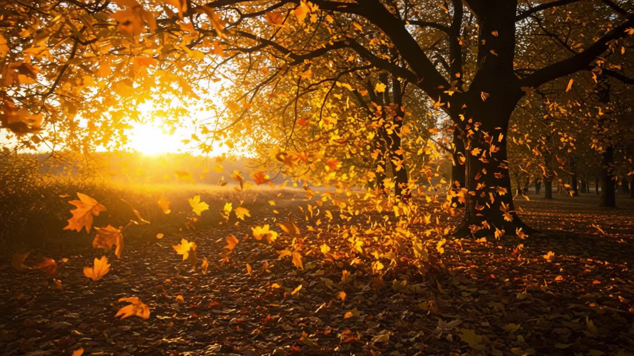 A Serene Autumn Scene as Sunlight Filters Through Vibrant Orange and Yellow Leaves, Capturing the Essence of Fall's Beauty in a Golden Glow