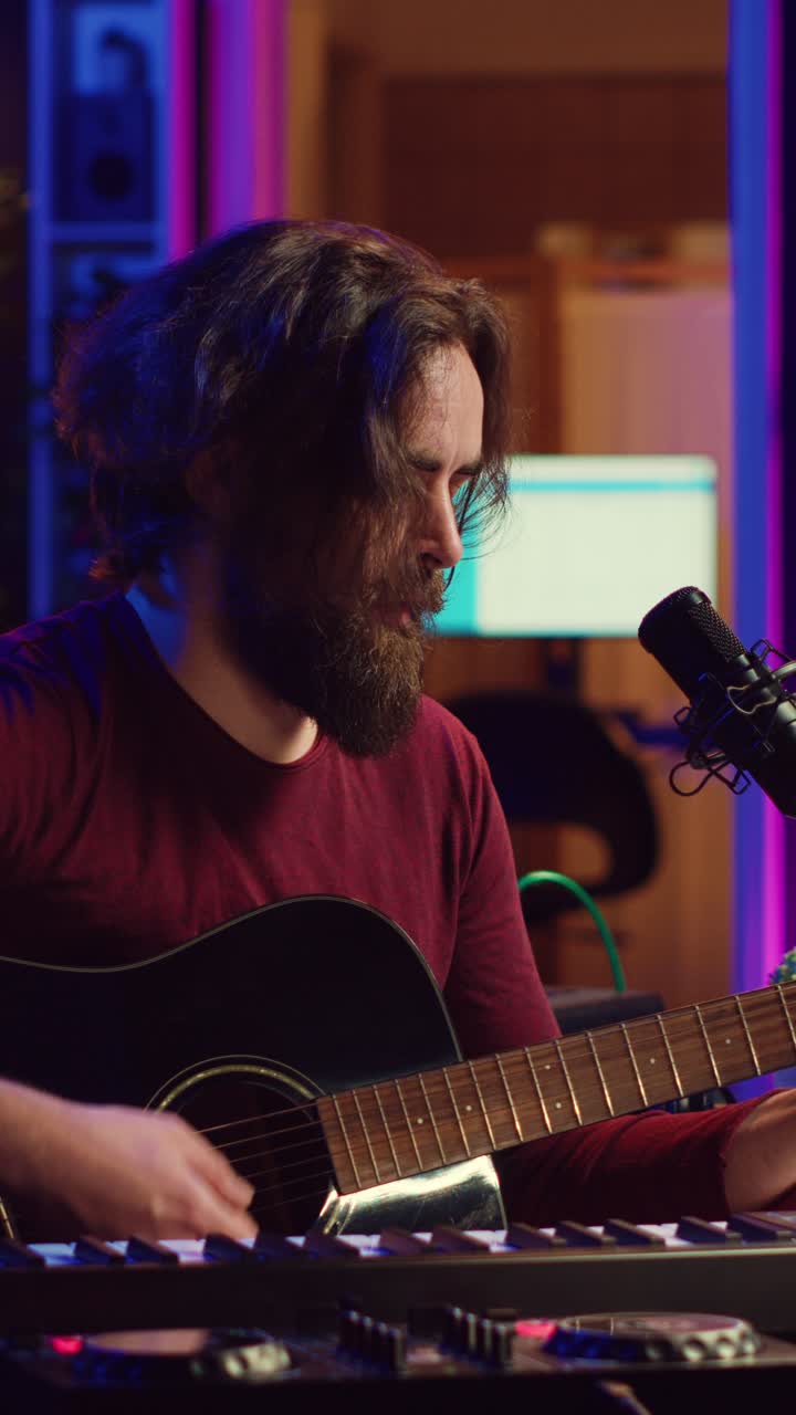 Uomo che suona la chitarra acustica e canta in uno studio musicale domestico