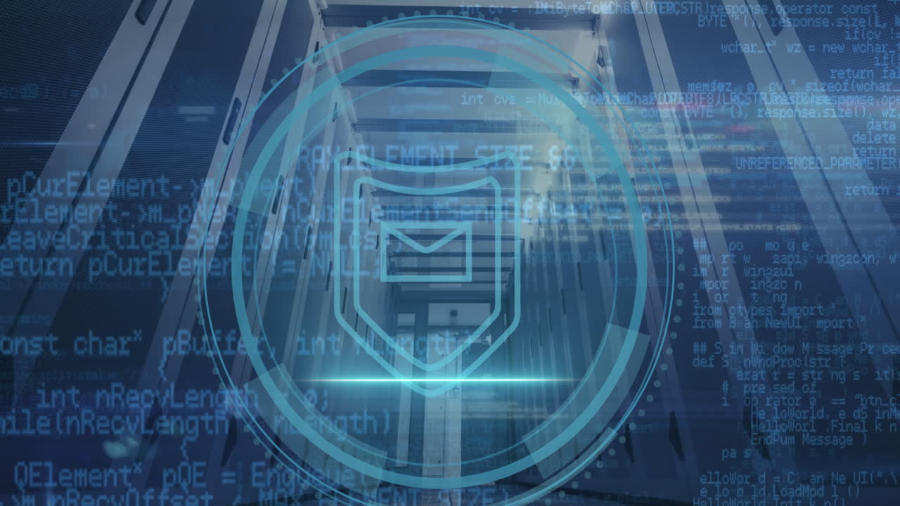 animación del icono del escudo y procesamiento de datos a través de servidores informáticos