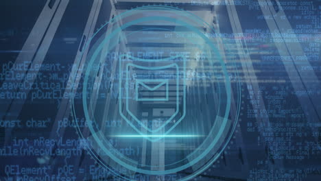 animation of shield icon and data processing over computer servers