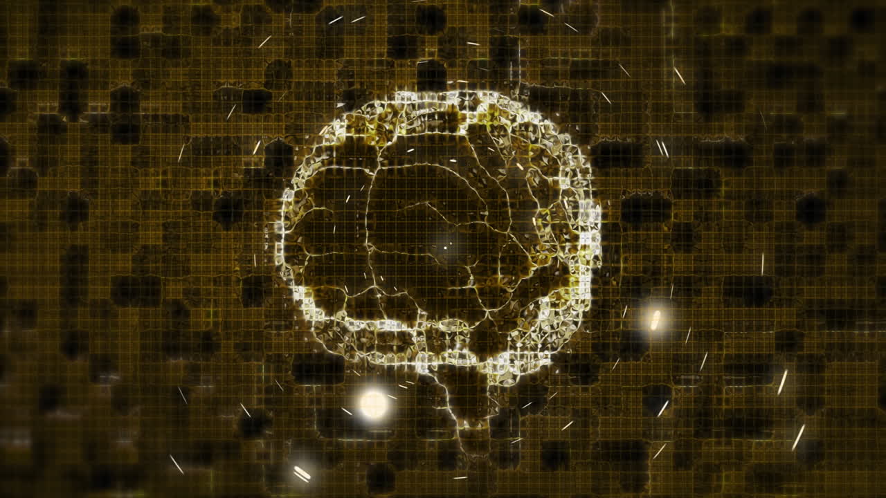 Digital skull and data processing animation over dark grid background