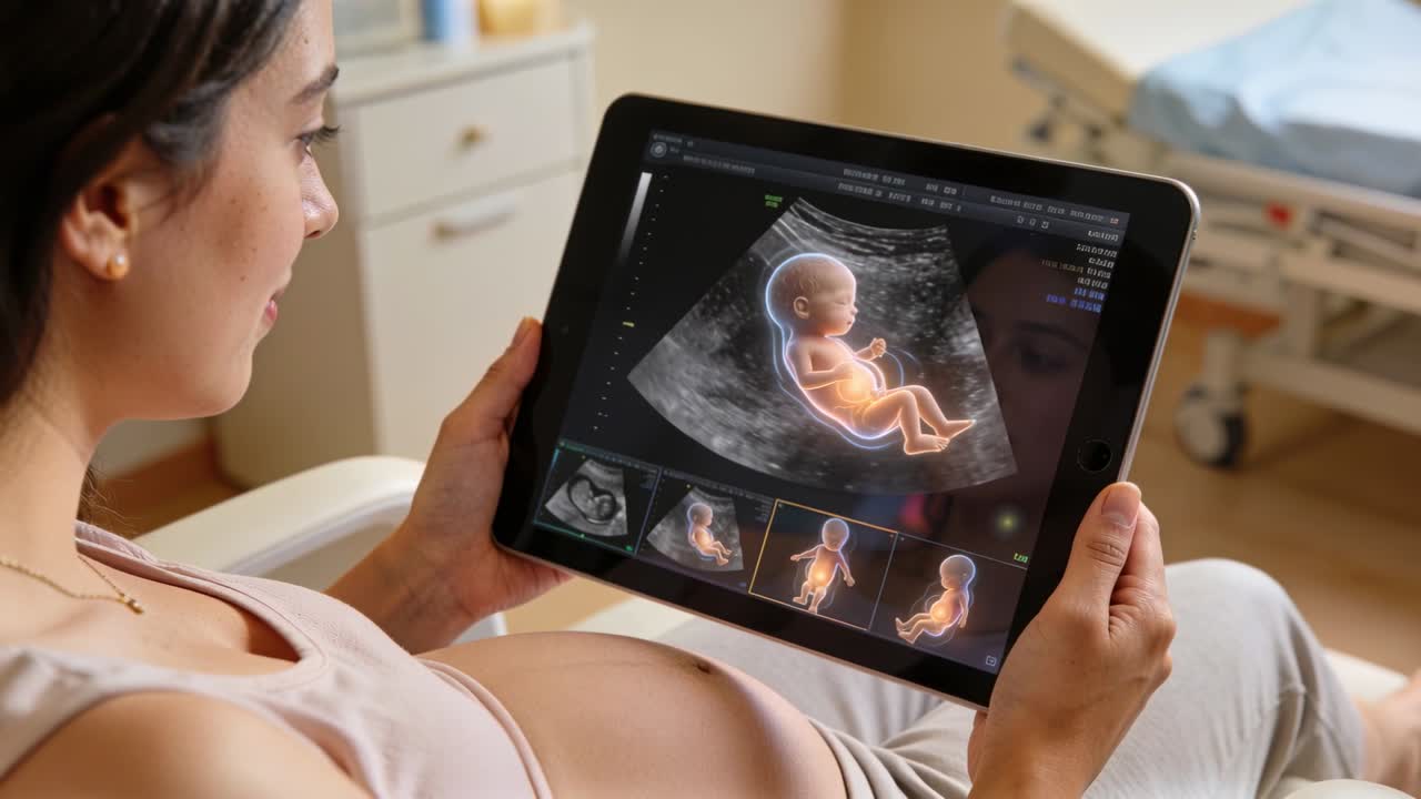 Video verticale: Tenere una futura mamma in una vasca, inclinando un tablet in clinica per visualizzare la scansione fetale e vedere il bambino.