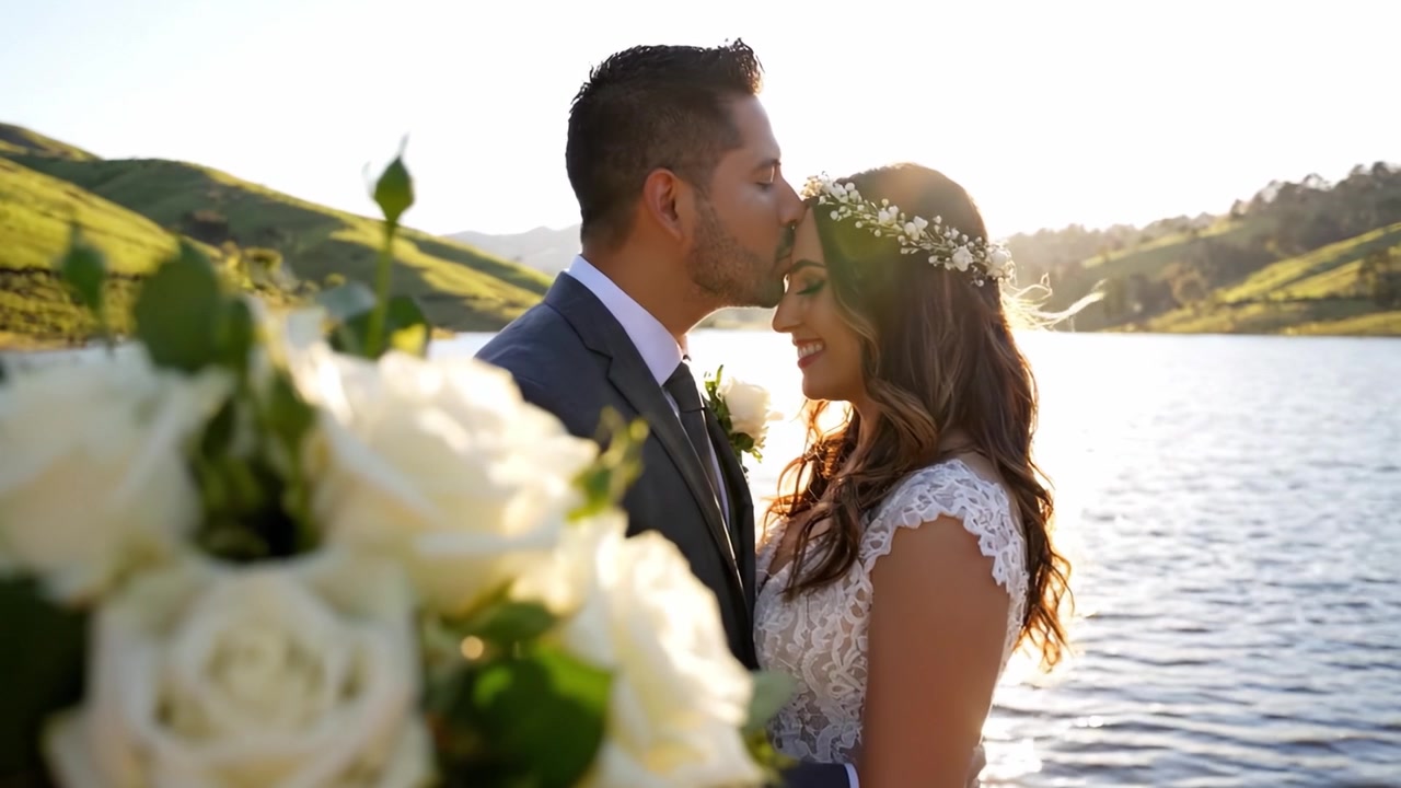 Catturare l'essenza dell'amore: una bellissima coppia si abbraccia al tramonto vicino alle acque serene, circondata da lussureggianti colline verdi e delicate composizioni floreali