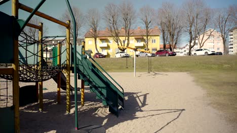 An-empty-play-castle-with-a-slide-filmed-on-a-spring-day-in-2020