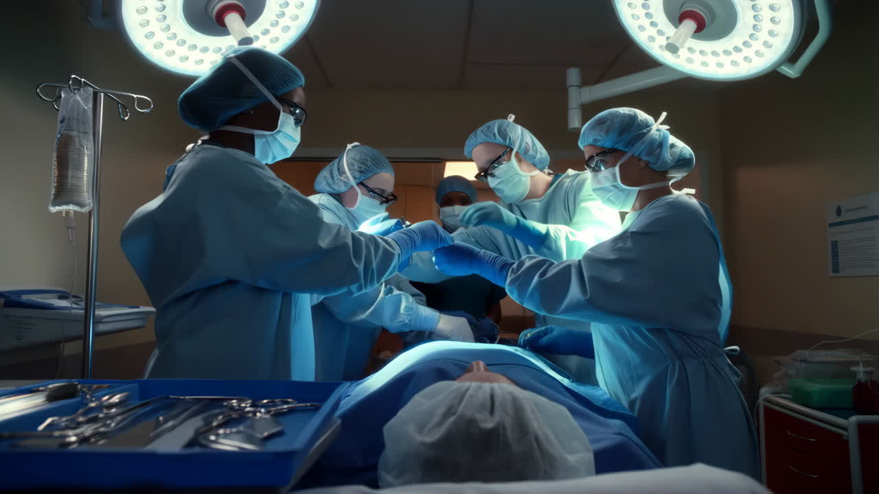 A surgical team performs an operation on a patient in an operating room