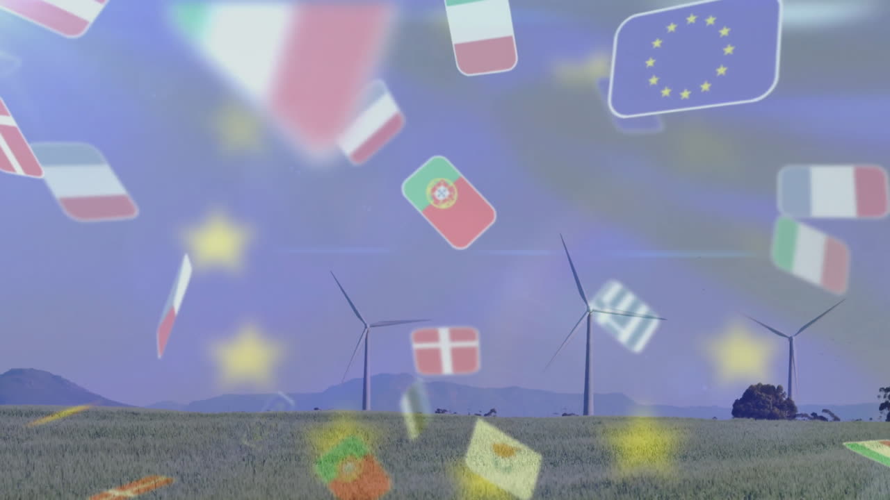 Wind turbines in field with European flags animation over blue sky background