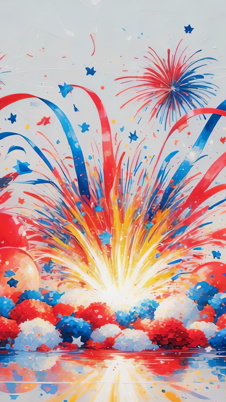 Vertical video: Erupting fireworks sending ribbon streams, confetti and pom-poms against white wall