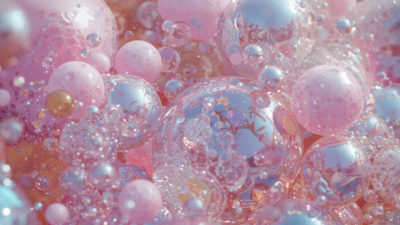 Orbiting camera capturing cluster in abstract scene to reveal pastel and metal spheres, bubble foam
