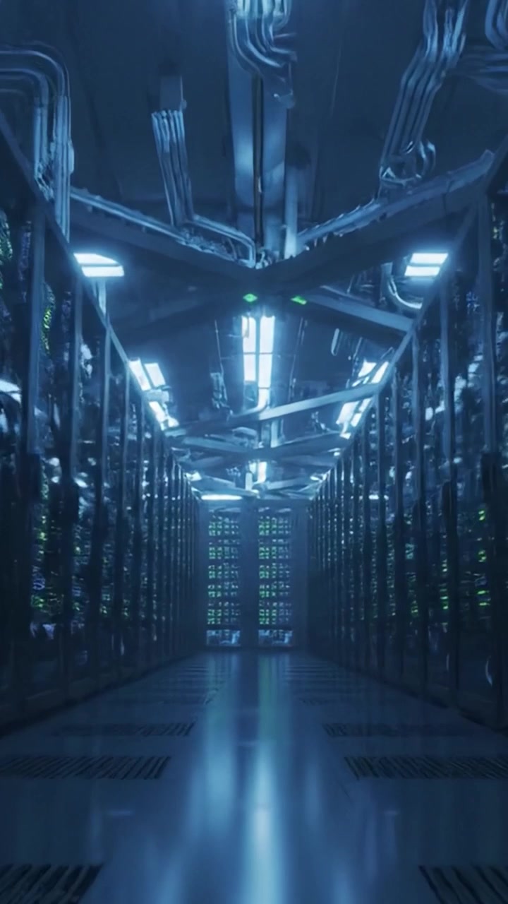 Uno Sguardo all'Interno di un Data Center ad Alta Tecnologia: Corridoi Illuminati Fiancheggiati da File di Server, che Mostrano Infrastrutture Tecnologiche Avanzate e Connettività