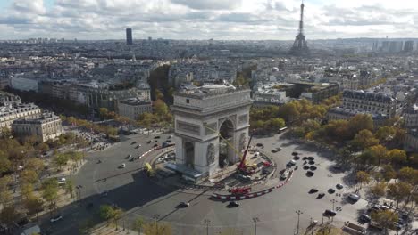 drone footage of charles de gaulle square with the arc de triomphe.