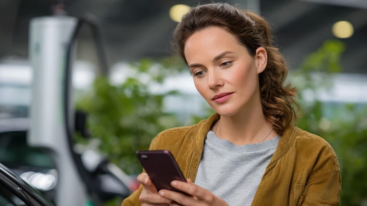 Una donna pensierosa interagisce con il suo smartphone, mostrando un momento di riflessione mentre è circondata dal verde in un ambiente innovativo