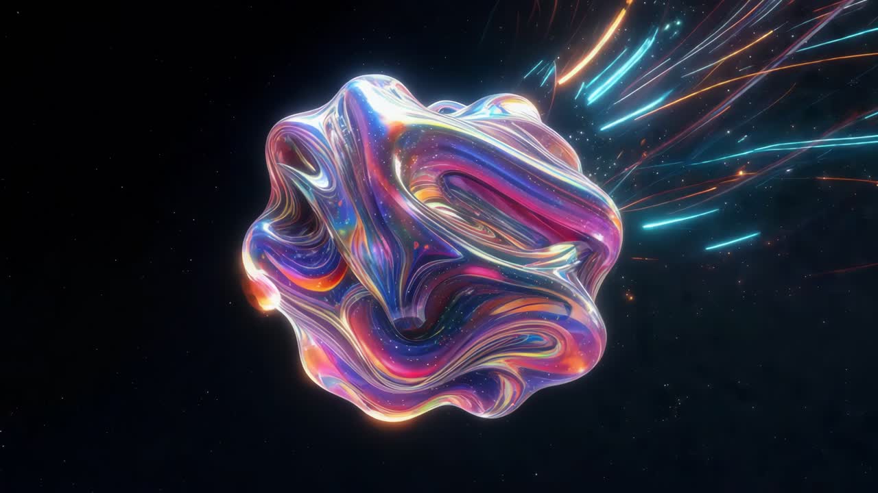 우주에서 추상적인 홀로그램 액체 모양
