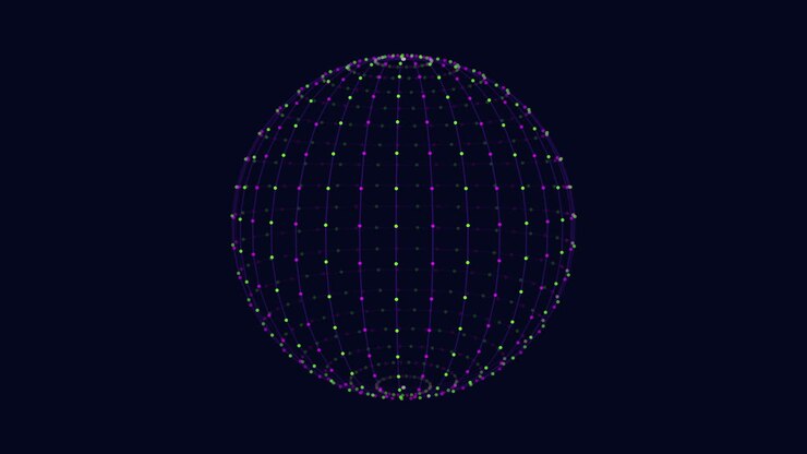 3D model showing a sphere constructed from a network of intersecting lines. The intricate pattern of lines converges at specific points, shaping the sphere