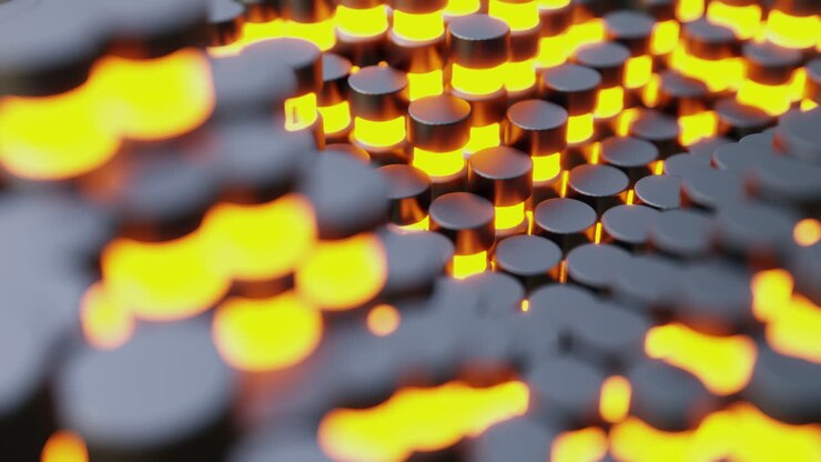 Black and yellow cylinders in motion and wavy geometric shapes