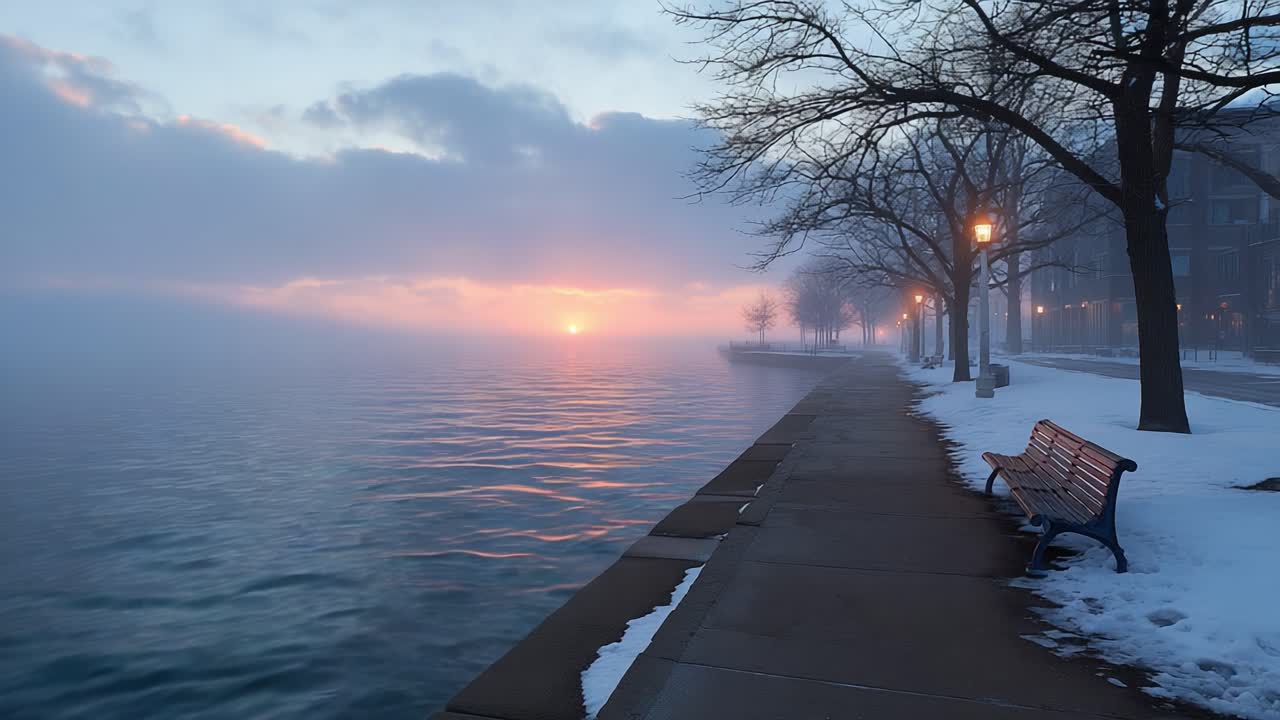 A Serene Winter Morning by the Foggy Lakeside: Tranquil Reflections Amidst Misty Waters and Gentle Sunlight Rising Over the Horizon