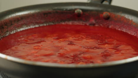 Chicken in tomato sauce is boiling on a frying pan with spices. Cooking tomato sauce curry with chicken fillet. Traditional Italian Mexican Asian dish. High quality studio shot for cafe, restaurant close up.