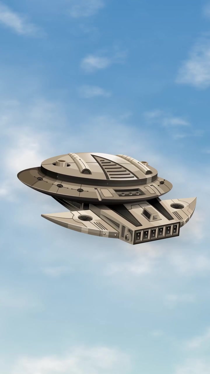 A detailed metallic spacecraft hovers steadily against a backdrop of soft white clouds and sky.
