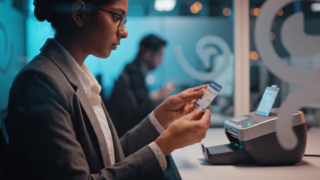 Focused Professional Analyzes Identification Documents at a Modern Office Setup, Utilizing Advanced Technology for Precision and Accuracy During Verification Process