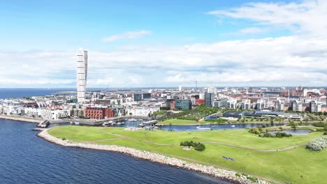 Drone-view-of-Turning-Torso-and-commercial-area-over-public-park-on-seaside