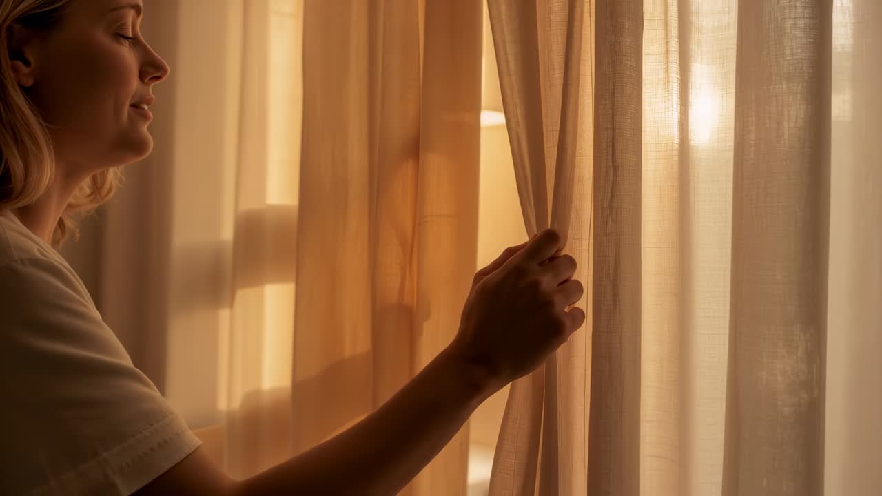 Mulher em movimento vestindo roupas que alcançam e separam cortinas em camadas na janela do quarto, deixando entrar luz quente