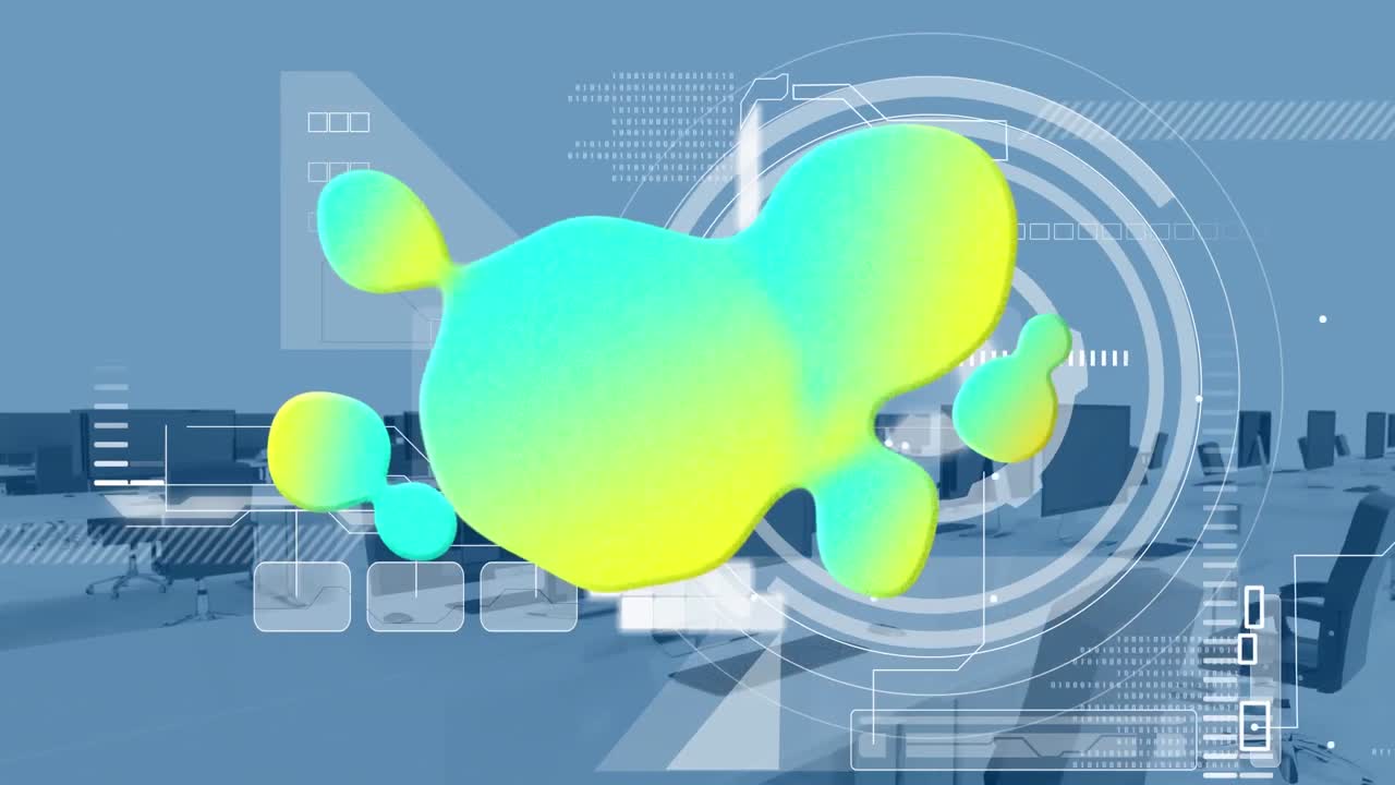 빛나는  ⁇ 어리의 애니메이션과 빈 사무실 위의 데이터 처리