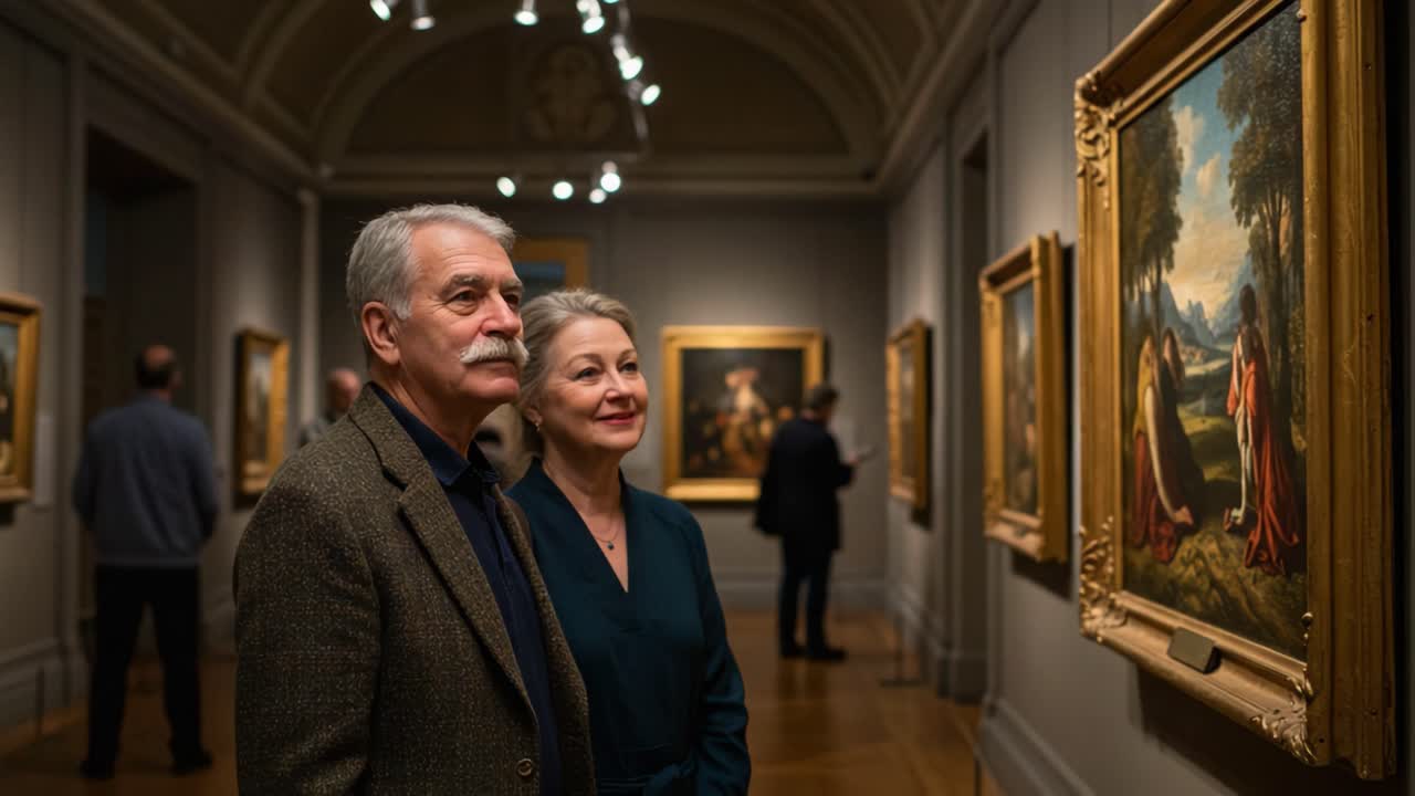 Exploring Artistic Masterpieces: A Couple Enjoys the Beauty of Classic Paintings in a Gallery Setting, Captivated by the Rich Colors and Elegant Frames