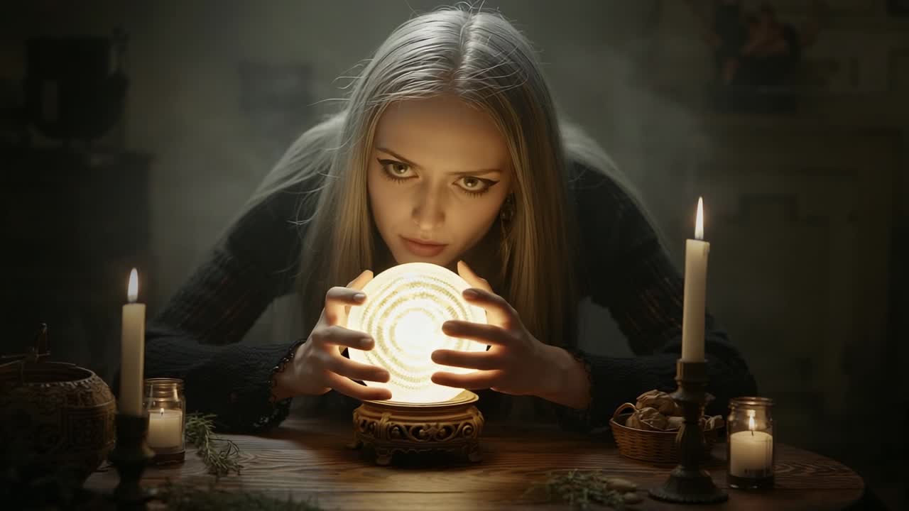Leaning fortune-teller placing hands on glowing crystal ball in candlelit room, drawing energy